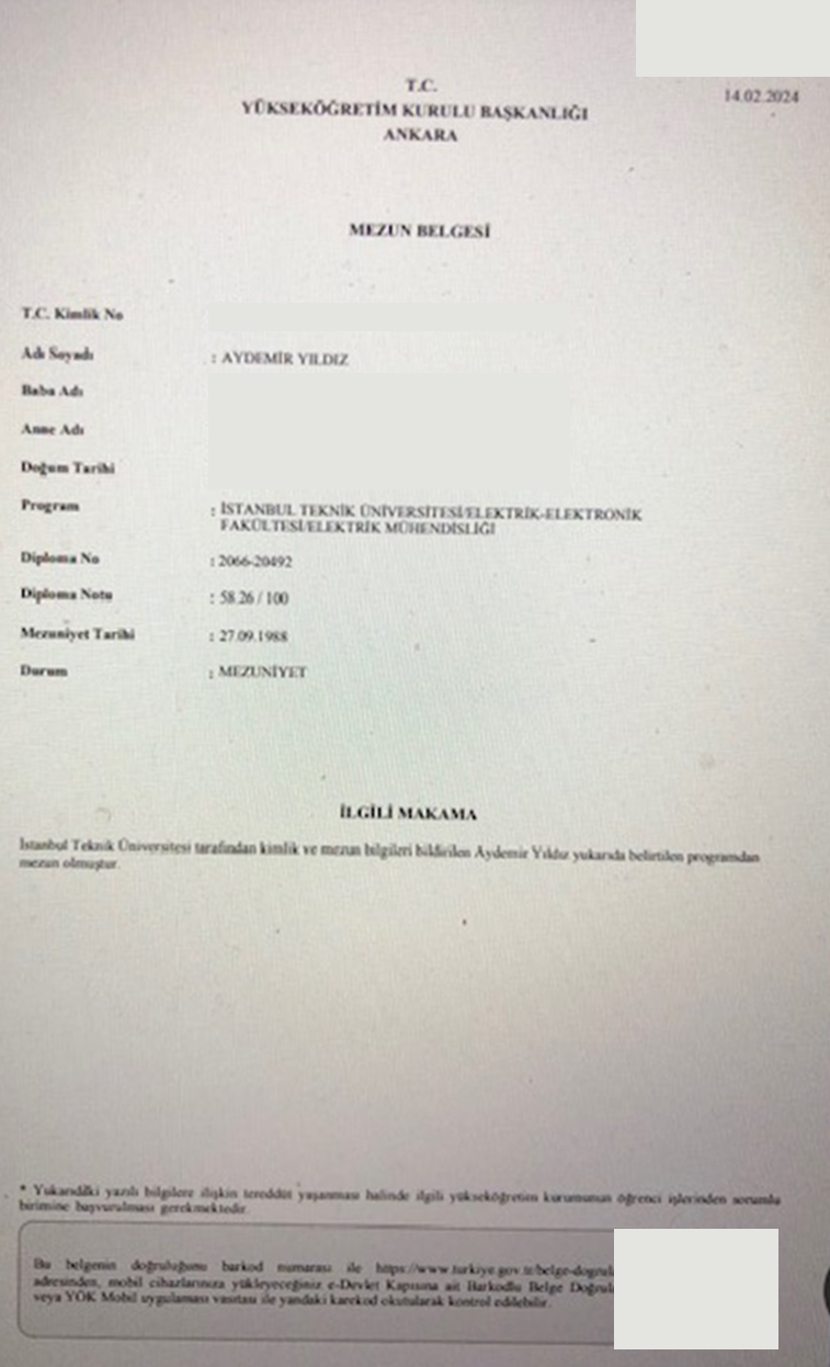 İTÜ Elektrik Mühendisliği mezun belgesi (YÖK)
