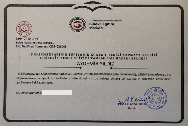 İş ekipmanlarının periyodik kontrollerini yapmaya yetkili kişi başarı belgesi — İstanbul Gedik Üniversitesi
