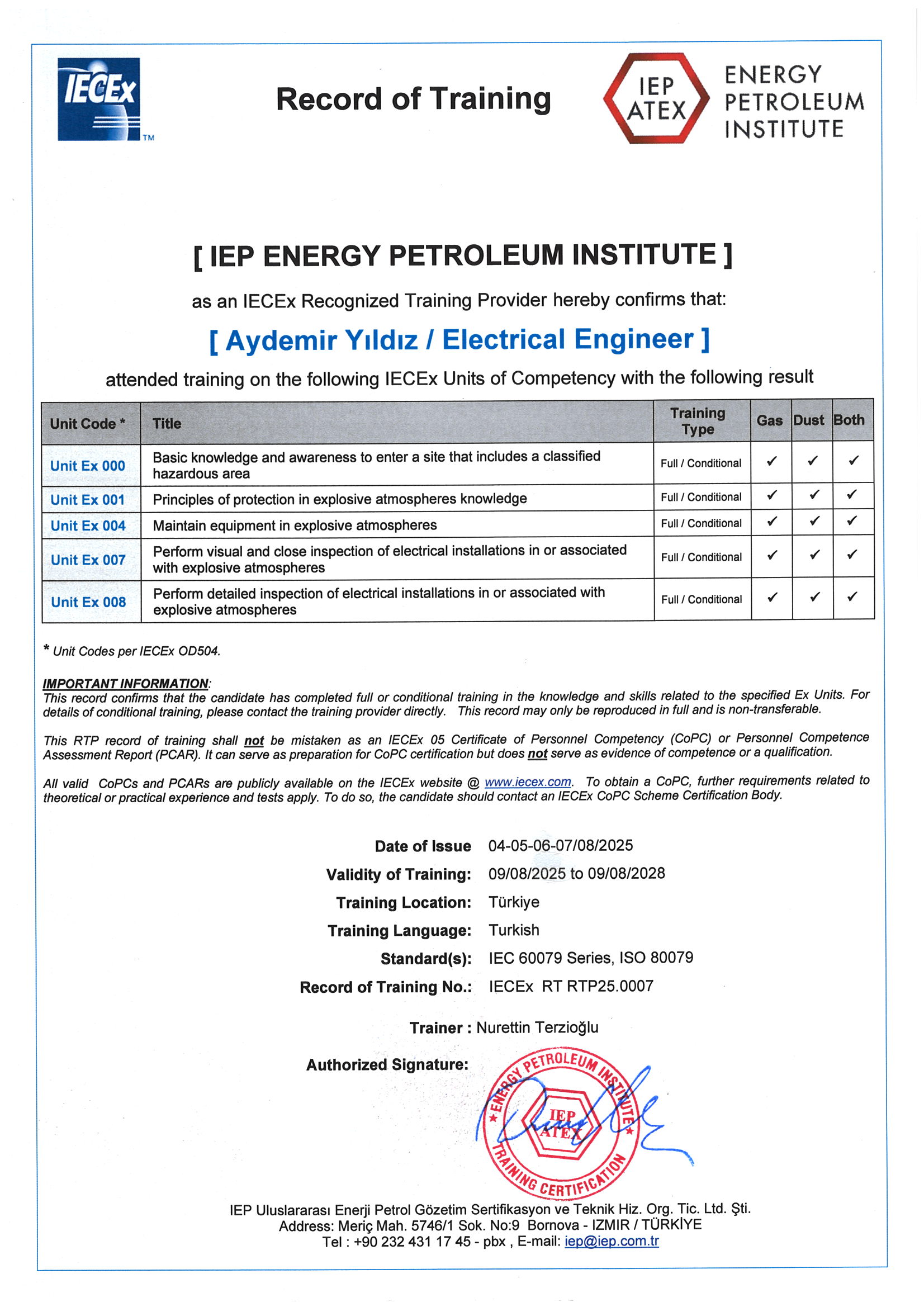 IECEx Record of Training — IEP Enerji Petrol Enstitüsü, Unit Ex 000/001/004/007/008