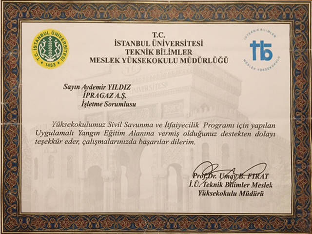 İstanbul Üniversitesi uygulamalı yangın eğitimi teşekkür belgesi