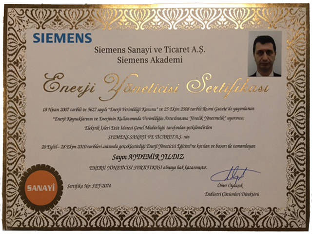 Siemens Akademi Enerji Yöneticisi sertifikası